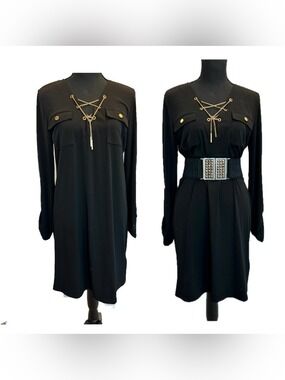 Michael Kors shift shirt dress gold-tone chain lace-up neckline flap pockets M